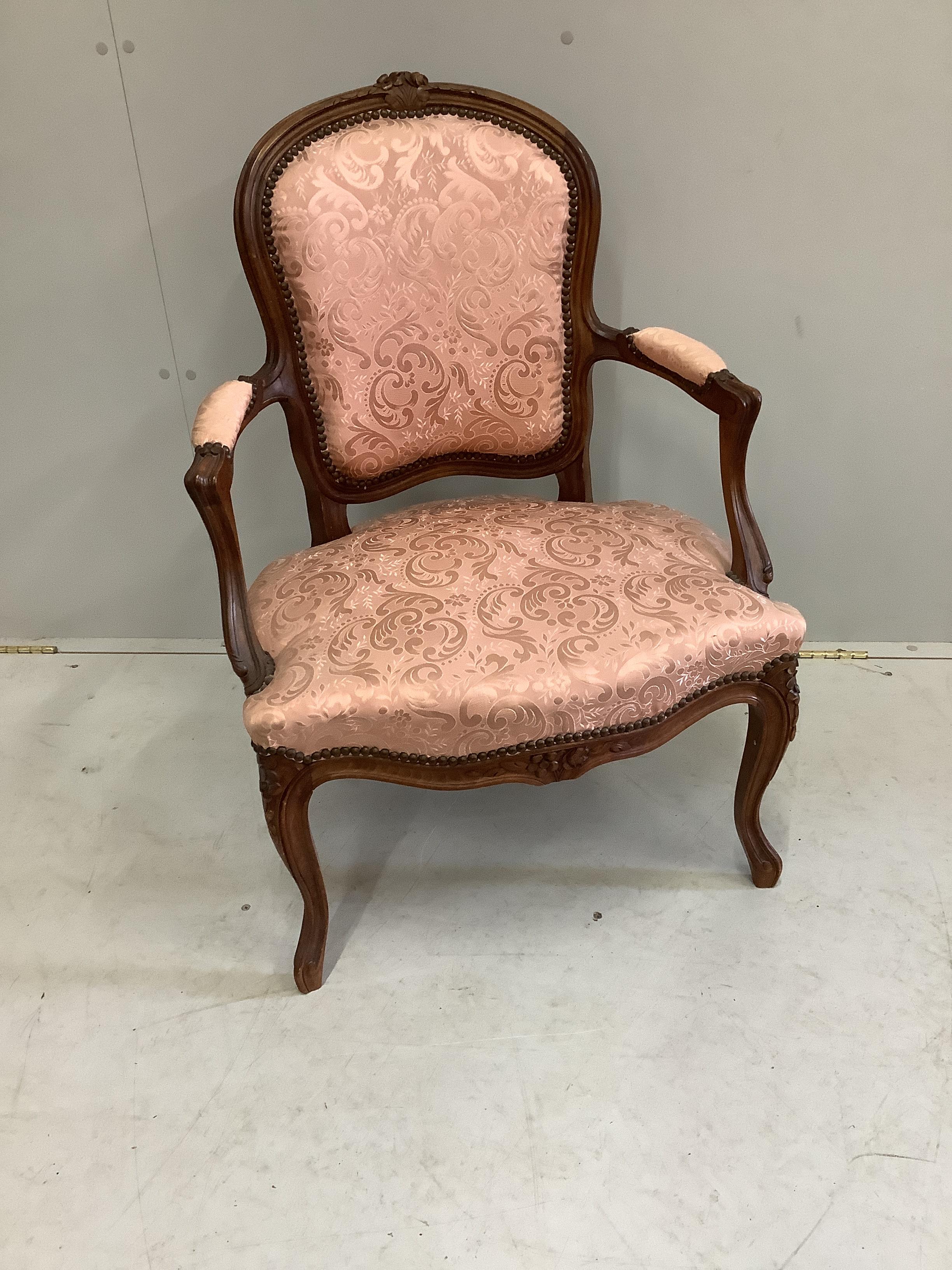 A Louis XV style fauteuil, width 60cm, depth 58cm, height 88cm